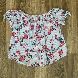 Womens Pink Rose Blue Floral Blouse - L